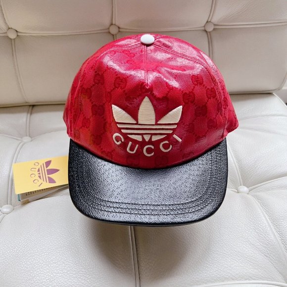 Gucci x Adidas GG LOGO Supreme Baseball Cap Hat Red Black Canvas Unisex Size M - Picture 2 of 11